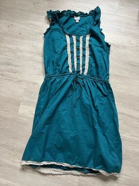 Teal Lace-Trim Sleeveless Tank Drawstring Waist Dress Y2K 100% cotton